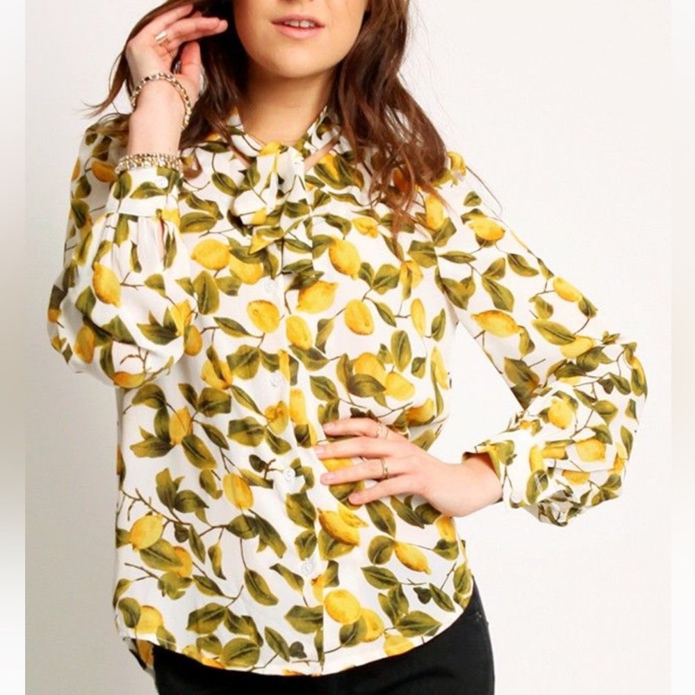 Lemon Print Tie-Neck Blouse